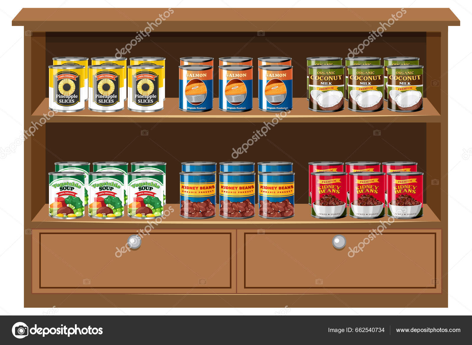 Canned Food Wooden Shelf Illustration Stock Vector by ©brgfx 662540734