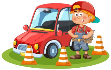 Mekanik karikatür tutma araçları bir araba illüstrasyonunu tamir ediyor