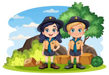 Scout Boy ve Girl çizgi film karakteri çizimi