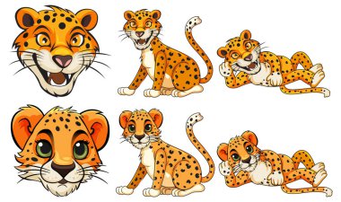 Farklı poz veren leopar karikatürü.