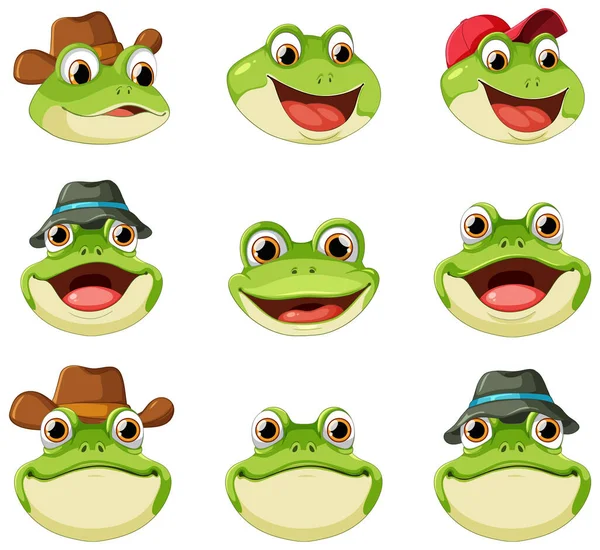 Sada Žába Kreslený Různými Výrazy Obličeje Ilustrace — Stockový vektor