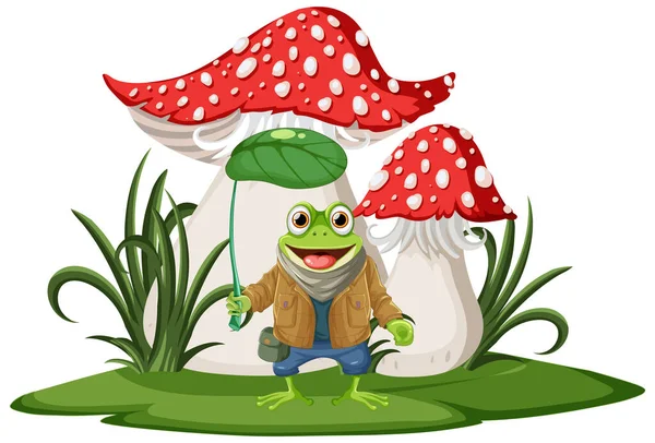 Grüner Frosch Mit Fantasie Pilz Illustration — Stockvektor