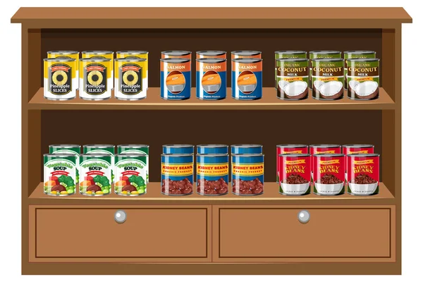 Canned Food Wooden Shelf Illustration — Stock Vector