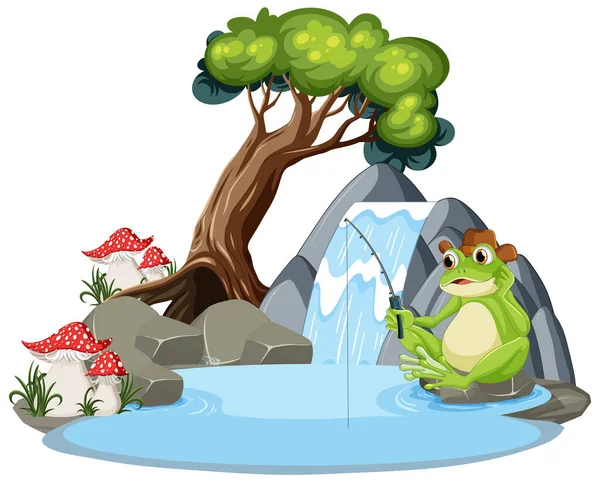 Zielona Żaba Trzyma Wędkę Rybną Ilustracji Wodospadu — Wektor stockowy