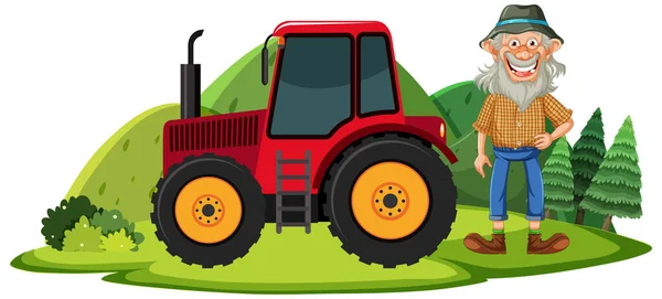 Velho Agricultor Com Ilustração Trator — Vetor de Stock