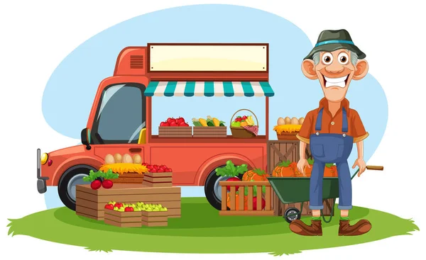 Antiguo Granjero Vendiendo Frutas Frescas Camión Alimentos Ilustración — Archivo Imágenes Vectoriales