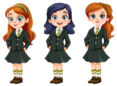 Farklı ırklardaki tatlı kız üniformalı öğrenci çizimi.