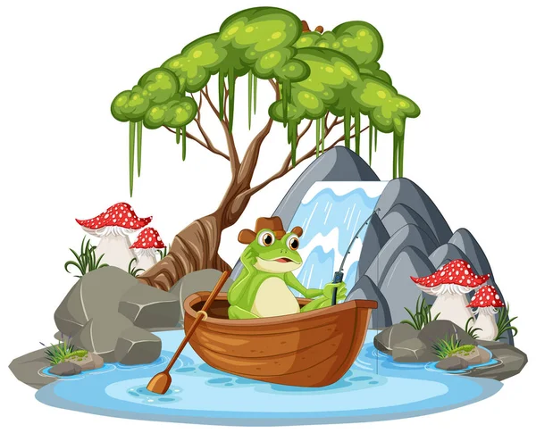 Rana Verde Cascada Escena Ilustración — Vector de stock