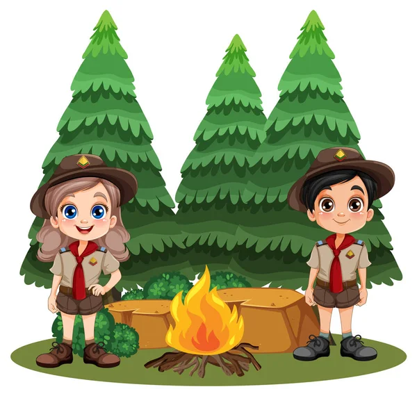 Kempingi Kid Cartoon Character Campfire Ilustracja — Wektor stockowy