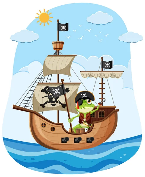 Äventyrlig Groda Pirate Ship Illustration — Stock vektor