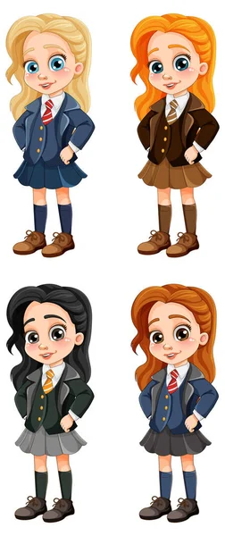 stock vector Cute girl student in school uniform set illustration