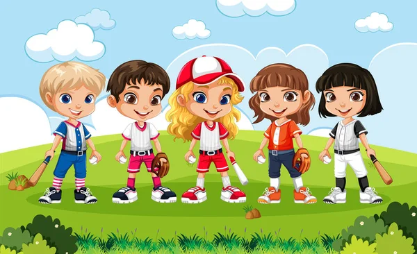 Girls Baseball Outfits School Scene Illustration — Stock Vector
