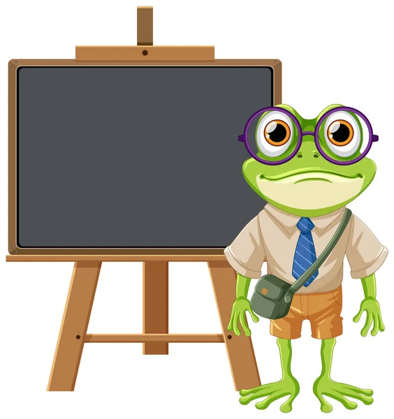 Student Frog Cartoon Karakter Met Lege Boord Illustratie — Stockvector
