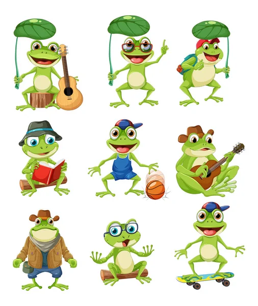 Ilustrasi Green Frog Cartoon Characters - Stok Vektor