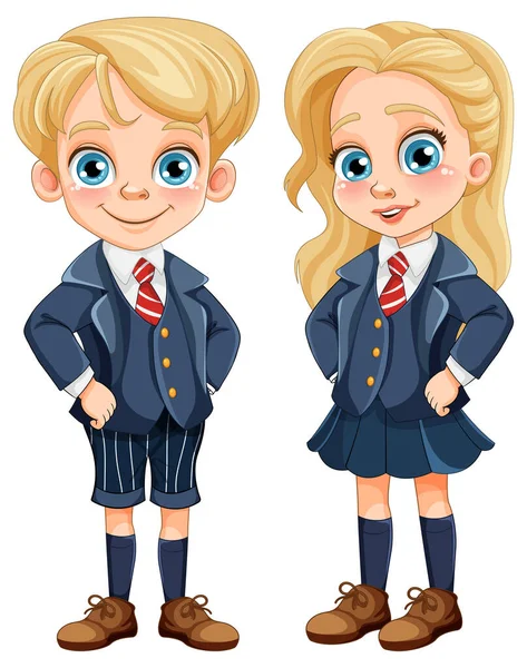 Cute Blonde Boy Girl Student School Uniform Illustration — Stock Vector