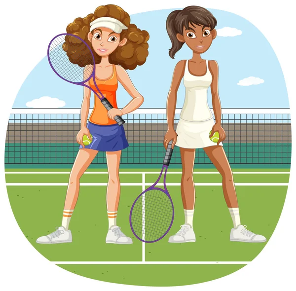 Dos Jugadoras Tenis Corte Ilustración — Vector de stock