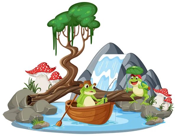 瀑布中的绿色青蛙图例 — 图库矢量图片