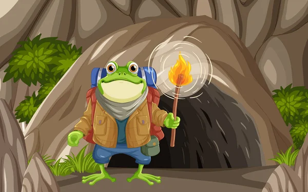 Backpacker Frog Explores Ilustracji Jaskini — Wektor stockowy