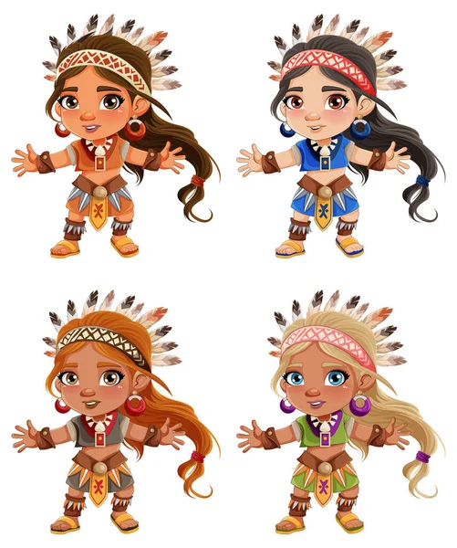 Conjunto Ilustración Personajes Dibujos Animados Nativos Americanos — Vector de stock