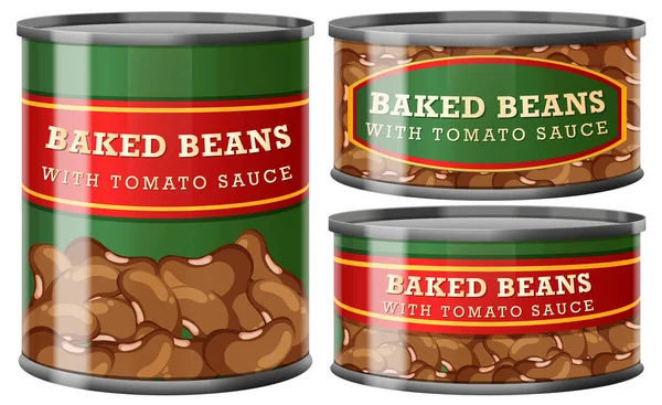 Haricots Cuits Four Avec Sauce Tomate Illustration Collection Canettes Alimentaires — Image vectorielle