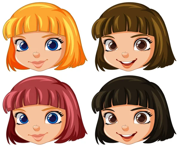 Mignon Fille Visage Smilling Isolé Dans Différentes Couleurs Cheveux Illustration — Image vectorielle