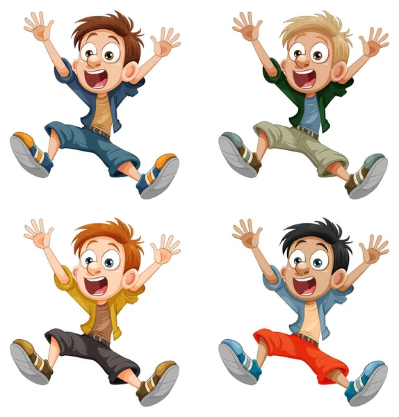 Jumping Boy Cartoon Character Collection Ilustração — Vetor de Stock