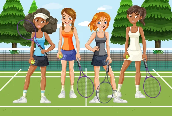 Femmes Joueuses Tennis Personnages Dans Cour Illustration — Image vectorielle
