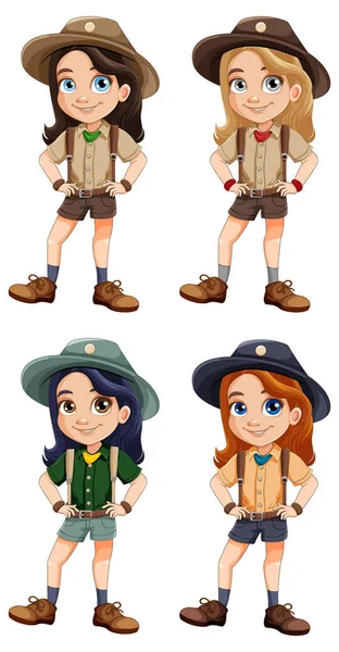 Conjunto Menina Scout Uniforme Desenho Animado Personagem Ilustração — Vetor de Stock