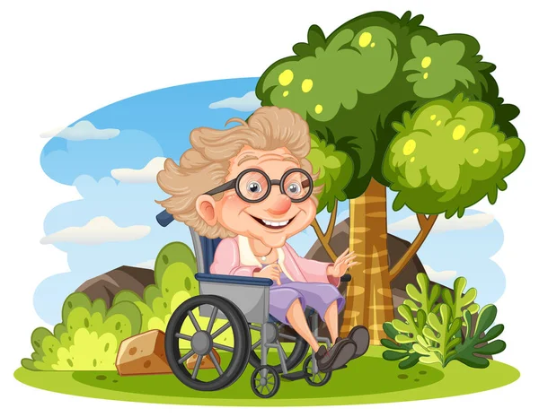 Happy Invalidní Stará Žena Invalidním Vozíku Zahradě Ilustrace — Stockový vektor