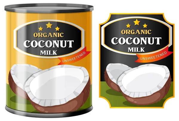 Ekologisk Kokosmjölk Livsmedel Burk Med Etikett Isolerad Illustration — Stock vektor