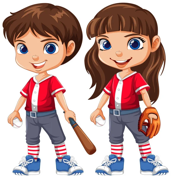 Menino Menina Jogador Beisebol Desenho Animado Personagem Ilustração — Vetor de Stock