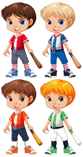 Conjunto Niño Lindo Jugador Béisbol Personaje Dibujos Animados Con Ilustración — Archivo Imágenes Vectoriales