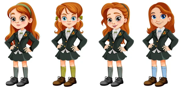 Set Girl Student Cartoon Different Uniform Illustration — Stock Vector