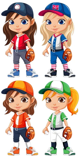 Conjunto Ilustración Béisbol Personaje Dibujos Animados Chica Deporte — Vector de stock