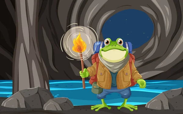 Backpacker Frog Explores Ilustracji Jaskini — Wektor stockowy