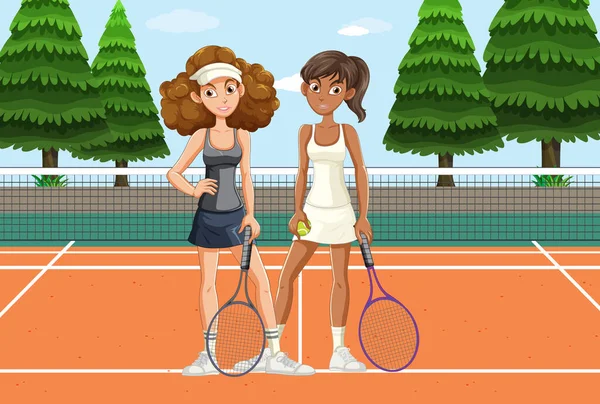Две Женщины Теннисистки Корте — стоковый вектор