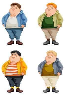 Farklı kıyafet çizimlerindeki aşırı kilolu üzgün çocuk çizgi film karakterleri.