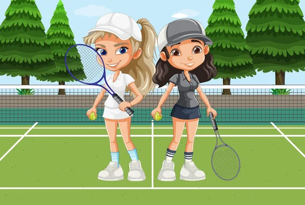 Tenis Sahası Illüstrasyonunda Bayan Tenis Oyuncusu — Stok Vektör