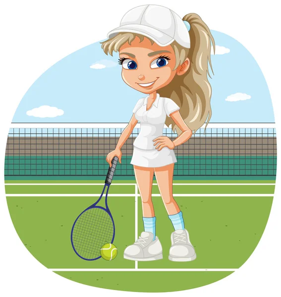 女子テニス選手でテニス場背景孤立イラスト — ストックベクタ