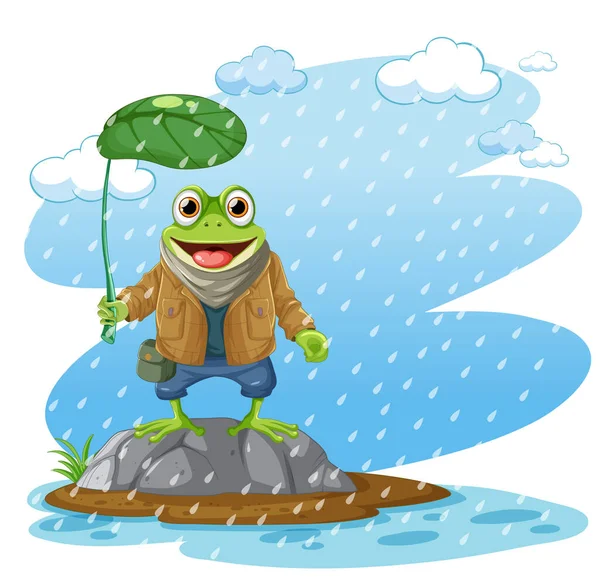 Desenho Animado Sapo Verde Personagem Segurando Folha Guarda Chuva Ilustração — Vetor de Stock