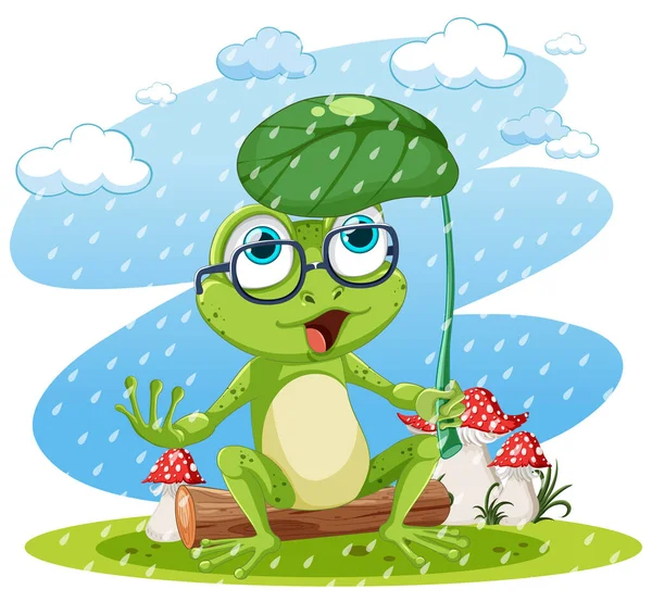 Green Frog Cartoon Character Holding Leaf Umbrella Illustration — Stock Vector