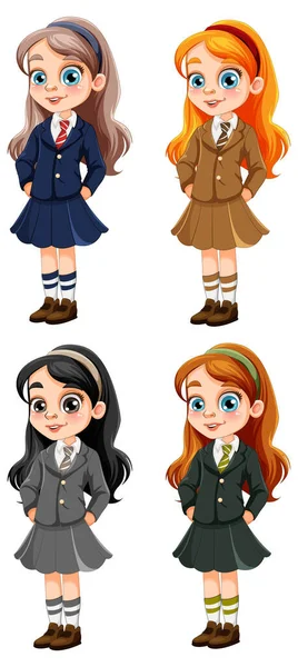 Cute Girl Different Races Student Uniform Set Illustration — Stock Vector