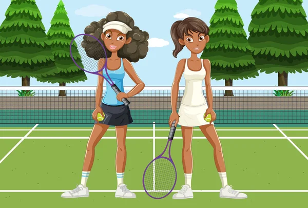 Två Kvinnliga Tennisspelare Domstolen Illustration — Stock vektor