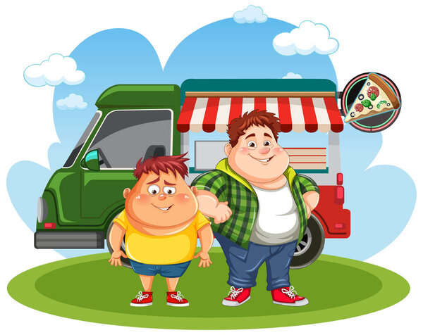 Two Fat Men in Front of Food Truck illustration