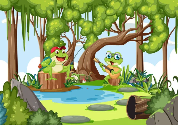 Cartoon Frogs Forest Illustration — Stock Vector