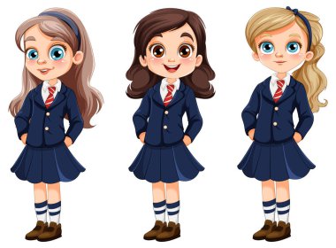 Cute girl in different races student in uniform set illustration clipart