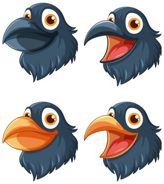 Farklı duygulara sahip bir Kuzgun kafasının, beyaz bir arkaplanda izole edilmiş bir çizimi.