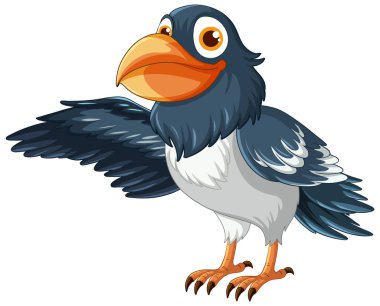 Tek kanadı açık, beyaz bir arka planda izole edilmiş gülümseyen bir kuzgunun vektör çizimi. resimleme