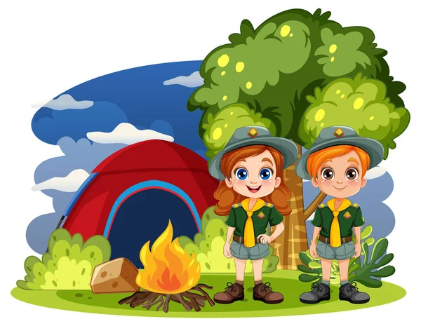 Kempingi Kid Cartoon Character Tent Ilustracja — Wektor stockowy