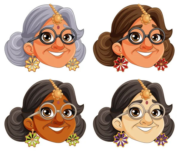 Set Personaggi Dei Cartoni Animati Indiani Volto Sorridente Illustrazione — Vettoriale Stock
